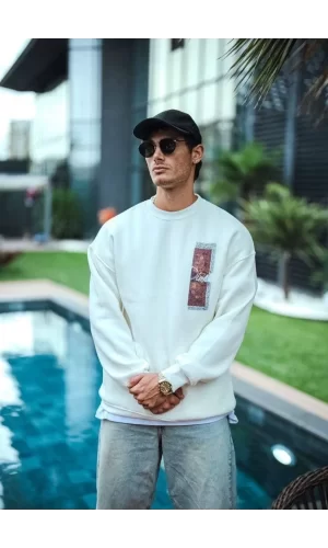 Luz&Pos Uzun Kol Bisiklet Yaka Ön Ve Arka Baskılı Sweatshirt - Beyaz