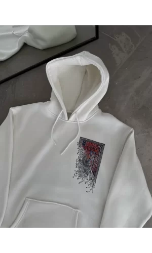 Uzun Kol Kapşonlu Ön Ve Arka Baskılı SweatShirt - Beyaz