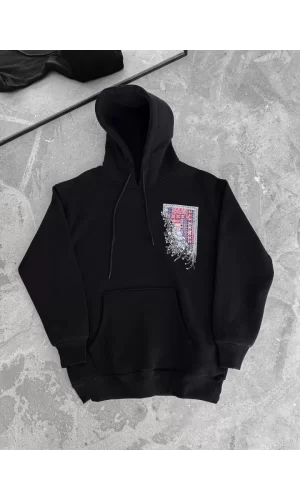 Uzun Kol Kapşonlu Ön Ve Arka Baskılı SweatShirt - Siyah