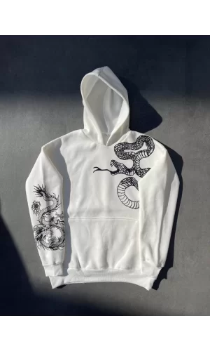 Luz&Pos Uzun Kol Kapüşonlu Baskılı Sweatshirt - Beyaz