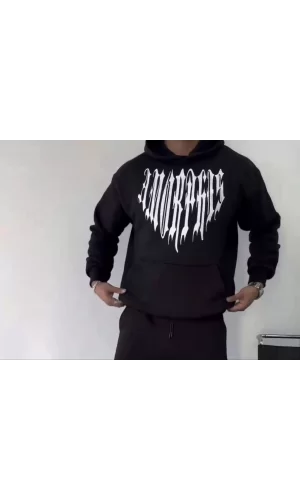Luz&Pos Uzun Kol Kapüşonlu Baskılı Sweatshirt - Siyah