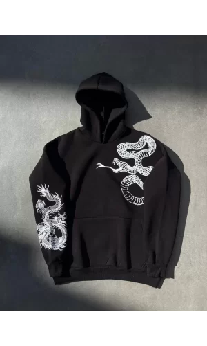 Luz&Pos Uzun Kol Kapüşonlu Baskılı Sweatshirt - Siyah