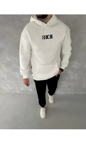 Luz&Pos Uzun Kol Kapüşonlu Göğüs Baskılı Sweatshirt - Beyaz