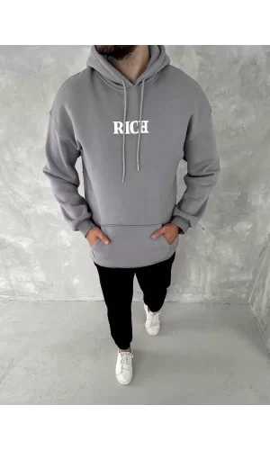 Luz&Pos Uzun Kol Kapüşonlu Göğüs Baskılı Sweatshirt - Gri