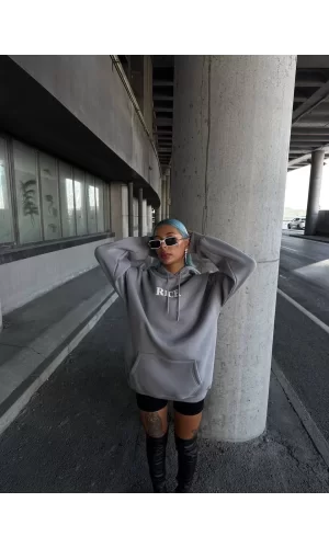 Luz&Pos Uzun Kol Kapüşonlu Göğüs Baskılı Sweatshirt - Gri