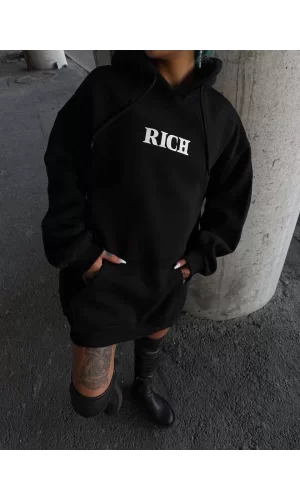 Luz&Pos Uzun Kol Kapüşonlu Göğüs Baskılı Sweatshirt - Siyah