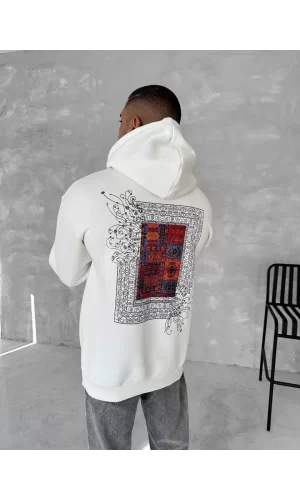 Luz&Pos Uzun Kol Kapüşonlu Ön Ve Arka Baskılı Sweatshirt - Beyaz
