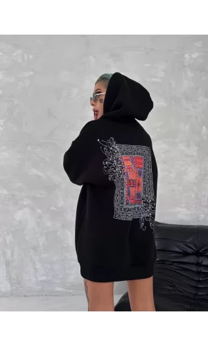 Luz&Pos Uzun Kol Kapüşonlu Ön Ve Arka Baskılı Sweatshirt - Siyah