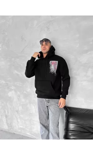 Luz&Pos Uzun Kol Kapüşonlu Ön Ve Arka Baskılı Sweatshirt - Siyah