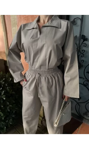 Uzun Kollu Yakalı Gömlek Pantalon Takım- Gri