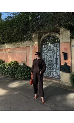Uzun Kollu Yakalı Gömlek Pantalon Takım- Kahverengi