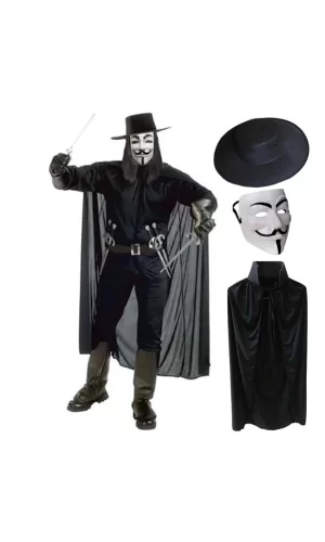 V For Vendetta Maskesi Şapkası Ve Pelerin Kostüm Seti Yetişkin Boy
