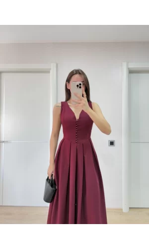V Yaka Uzun Kolsuz Elbise- Bordo
