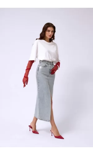 Varak Baskılı Yırtmaçlı Maxi Denim Etek