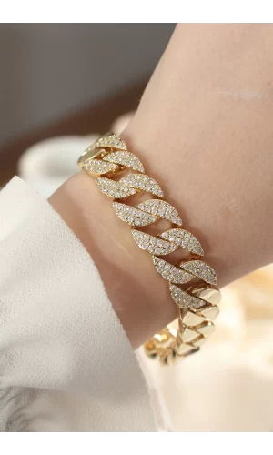 Vip Seri Pirinç Ortası Zirkon Taşlı Gold Renk Gurmet Bileklik