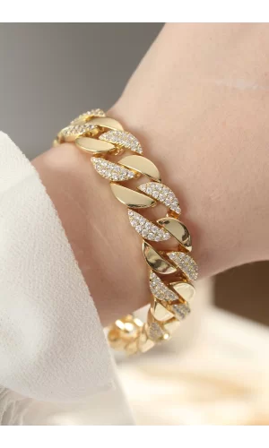Vip Seri Pirinç Zirkon Taşlı Gold Renk Gurmet Bileklik