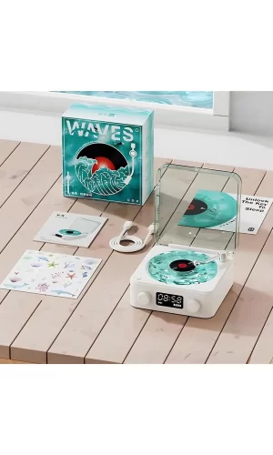 Waves Nostalji Plak Görünümlü Bluetooth Hoparlör 3d Ses Dalgası Retro Müzik Plak Mavi