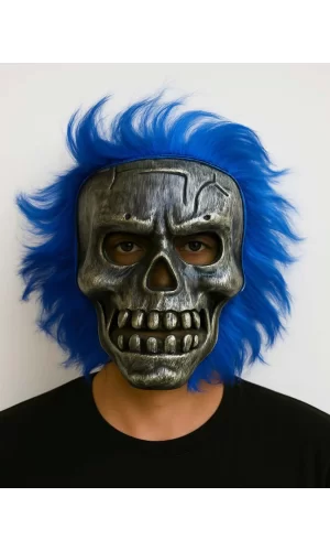 Wild Skull - Gümüş Kafatası Mavi Saçlı İskelet Maske