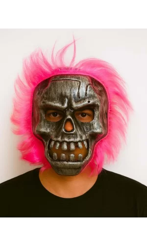 Wild Skull - Gümüş Kafatası Pembe Saçlı İskelet Maske