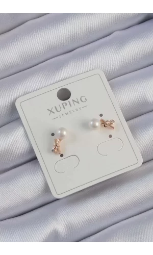 Xuping Rose Renk Zirkon Taşlı İncili Minimal Fiyonk Küpe