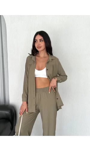 Yakalı Düğmeli Uzun Kollu Gömlek Pantolon Ikili Takım - Bej