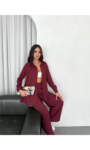 Yakalı Düğmeli Uzun Kollu Gömlek Pantolon Ikili Takım - Bordo