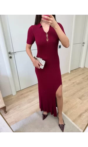 Luz&Pos Yakalı Fitilli Kısa Kollu Uzun Triko Elbise - Bordo