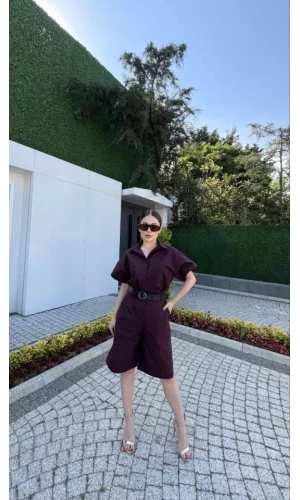 Yakalı Gömlek Kemerli Şortlu Takım - Bordo