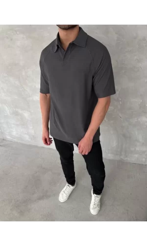 Yakalı Patlı Kısa Kol T-shirt - Antrasit