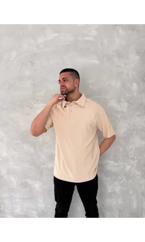 Yakalı Patlı Kısa Kol T-shirt - Bej