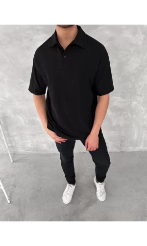 Yakalı Patlı Kısa Kol T-shirt - Siyah