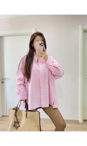 Yakalı Yandan Yırtmaçlı Gömlek - Pembe