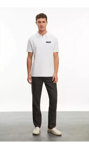 Luz&Pos Yakası Düğmeli Yakalı Pike Baskılı T-shirt - Beyaz