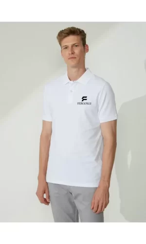 Luz&Pos Yakası Düğmeli Yakalı Pike Baskılı T-shirt - Beyaz