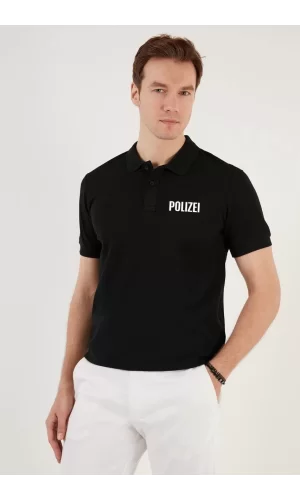 Luz&Pos Yakası Düğmeli Yakalı Pike Baskılı T-shirt - Siyah