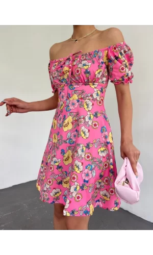 Yakası Lastikli Bağcık Detaylı Mini Elbise -Pembe