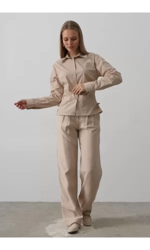 Yanları Büzgülü Çizgili Gömlek - Camel