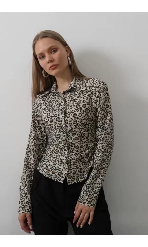 Yanları Büzgülü Leopar Gömlek - Leopar