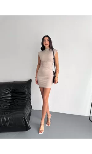 Luz&Pos Yarım Bogazlı Kolsuz Mini Boy Elbise - Bej