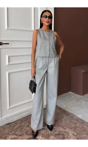 Yelek Plazzo Pantolon Çizgili Flamlı Poliviscon Takım 10178
