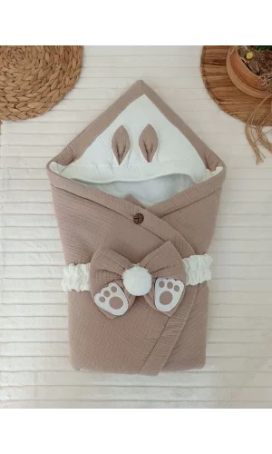 Luz&Pos Yenidoğan 4 Kat Müslin Kumaş Kulaklı Patili Fiyonk Bebek Battaniyesi Kundak Yeşil