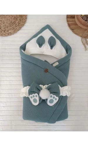 Luz&Pos Yenidoğan 4 Kat Müslin Kumaş Kulaklı Patili Fiyonk Bebek Battaniyesi Kundak Kahverengi
