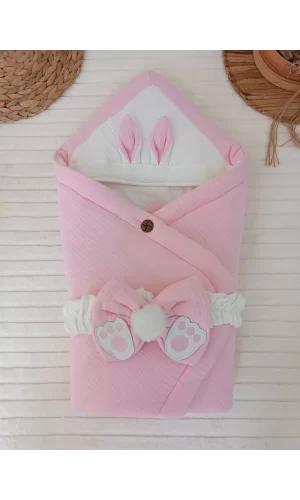 Luz&Pos Yenidoğan 4 Kat Müslin Kumaş Kulaklı Patili Fiyonk Bebek Battaniyesi Kundak Pembe