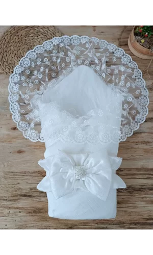 Luz&Pos Yenidoğan Ay Işığı Papatya Dantelli Taşlı Fiyonk Bebek Battaniyesi Kundak Ekru