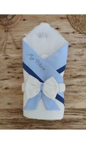 Luz&Pos Yenidoğan Bal Peteği My Prince Taç Nakışlı Delüks Kundak Bebek Battaniyesi Mavi