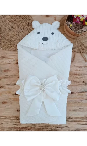 Luz&Pos Yenidoğan Beyaz Wool Yün Kumaş Ayıcık Kulaklı Kundak Bebek Battaniyesi Beyaz