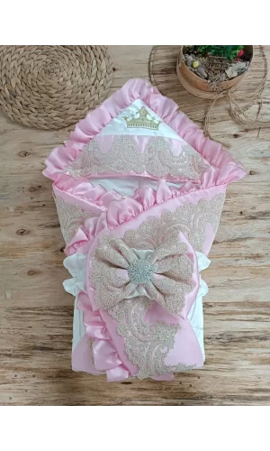Luz&Pos Yenidoğan Grand Lüks Kelebek Ağır Güpür İşlemeli Şapkalı Bebek Battaniyesi Kundak Pembe