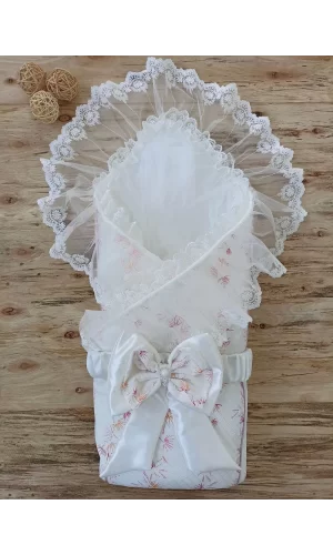Luz&Pos Yenidoğan Hanımeli Desenli Taç Nakışlı Delüks Kundak Bebek Battaniyesi Ekru