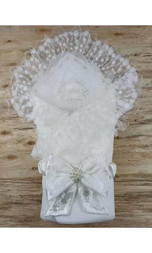 Luz&Pos Yenidoğan İpek Venüs Taç Nakışlı Delüks Kundak Bebek Battaniyesi Ekru