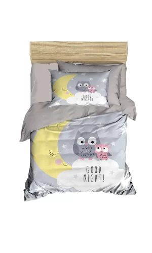 Yenidoğan Kız / Erkek Unisex Bebek Nevresim Takımı &#37;100 Pamuklu Good Night Gri